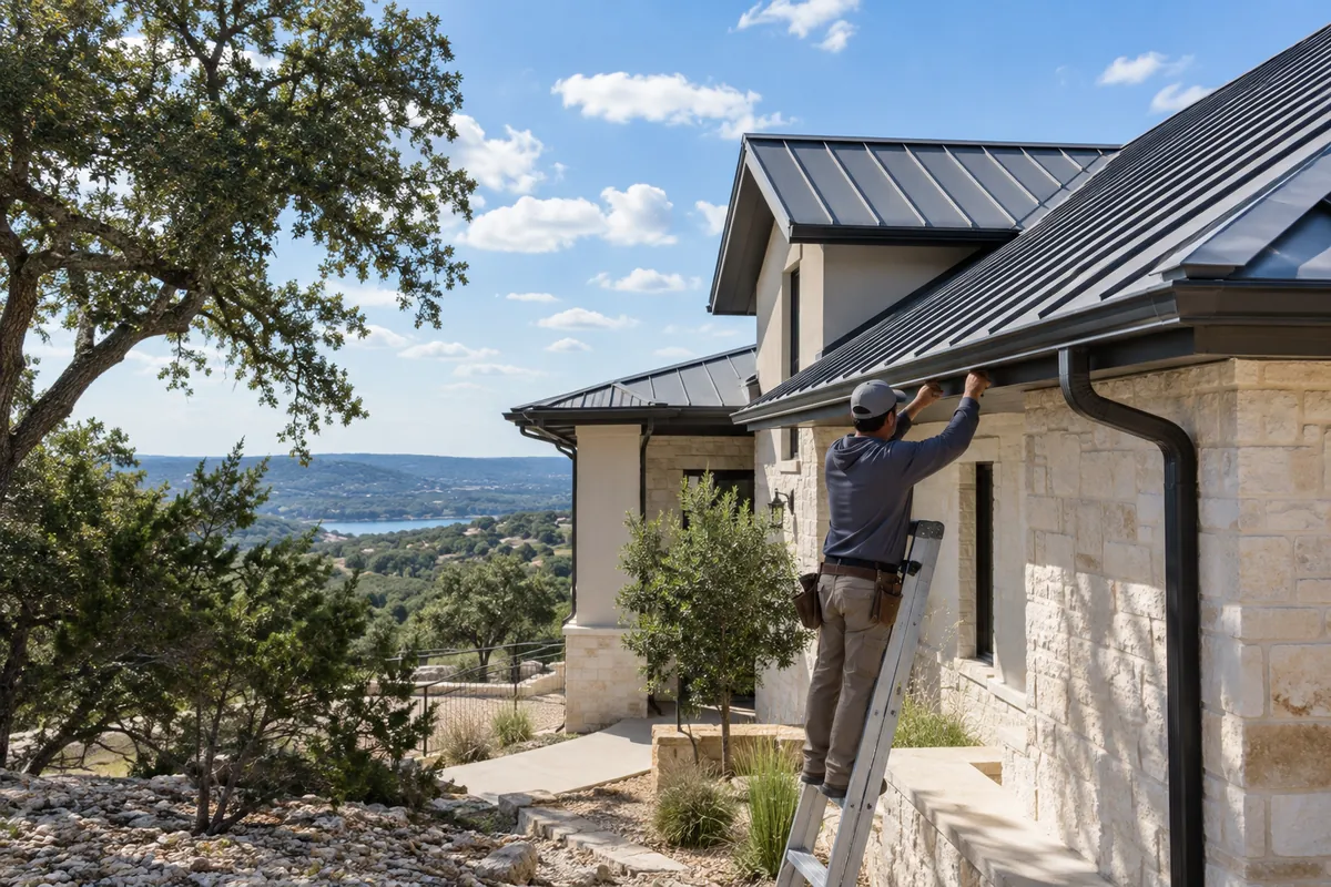 Premium gutter system on a Westlake Hills luxury home