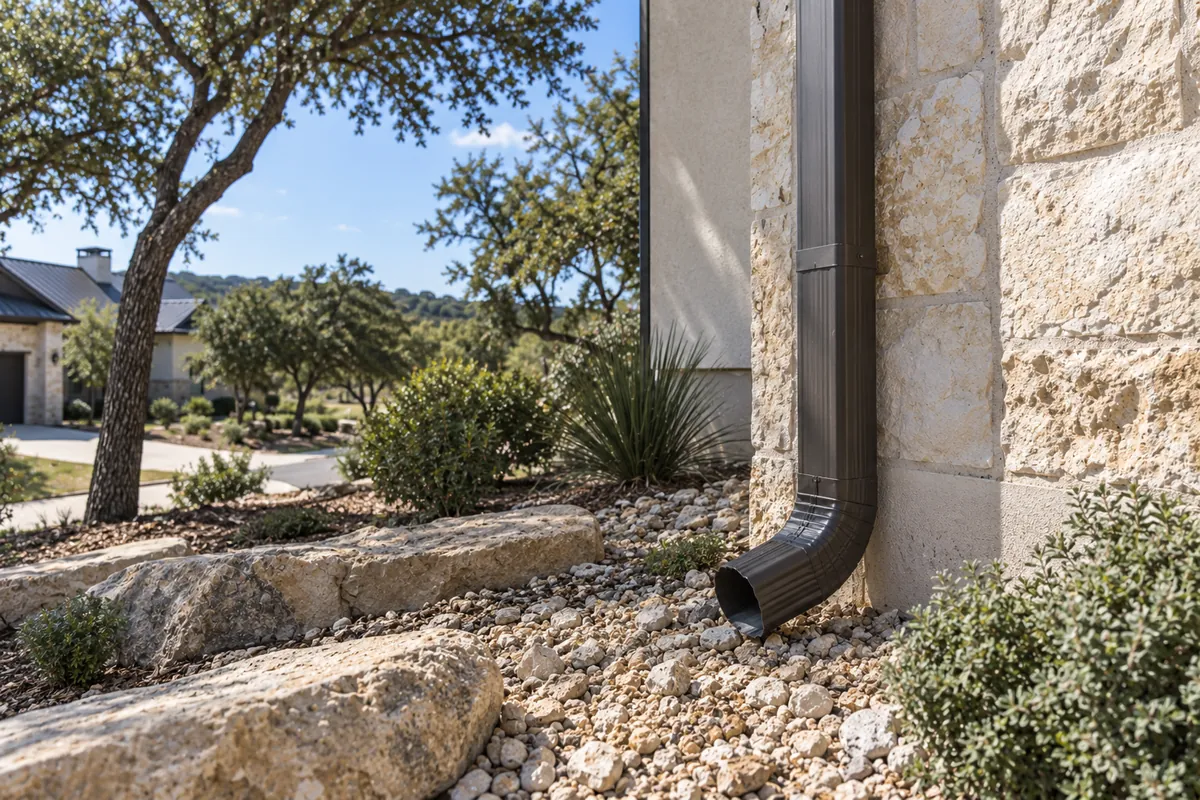 Downspout drainage on limestone terrain in Spicewood